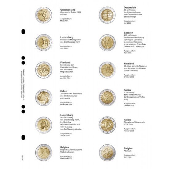 Lindner MU2E1 Hojas individuales pre-impresas para monedas de 2 Euros Lindner MU2E1 Hojas individuales pre-impresas para monedas de 2 Euros