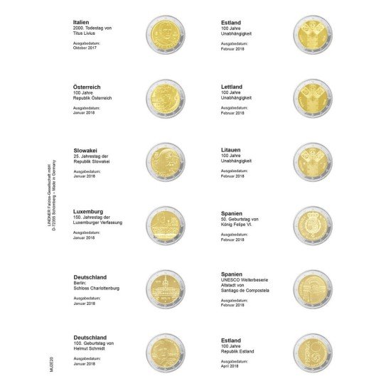 Lindner MU2E20 Hojas individuales pre-impresas para monedas de 2 Euros