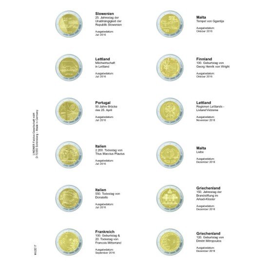 Lindner MU2E17 Hojas individuales pre-impresas para monedas de 2 Euros