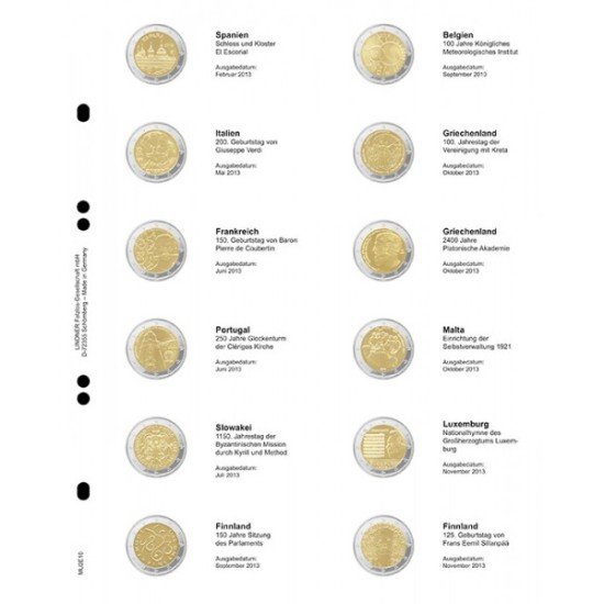 Lindner MU2E10 Hojas individuales pre-impresas para monedas de 2 Euros