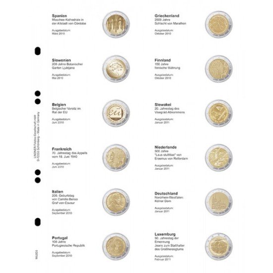 Lindner MU2E6 Hojas individuales pre-impresas para monedas de 2 Euros Lindner MU2E6 Hojas individuales pre-impresas para monedas de 2 Euros