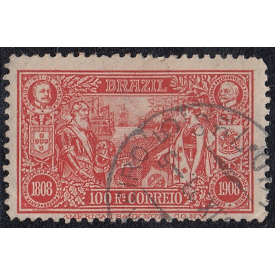 Brasil Brazil 143 1908 Centenario de la apertura de puertos al comercio exterior El rey Carlos I de Portugal y A. Penna en los medallones superiores usado Brasil Brazil 143 1908 Centenario de la apertura de puertos al comercio exterior El rey Carlos I de Portugal y A. Penna en los medallones superiores usado
