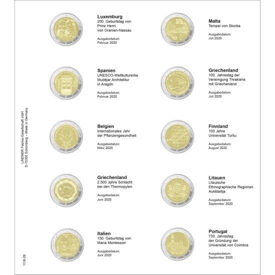 Lindner 1118-29 Hojas individuales para monedas conmemorativas de 2 Euros