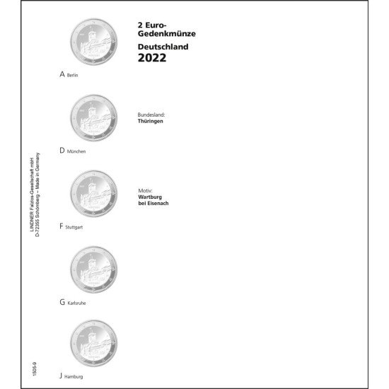 Lindner 1505-9 Hojas individuales para monedas conmemorativas de 2 Euros serie Estados Federales Alemanes 2022 Turingia