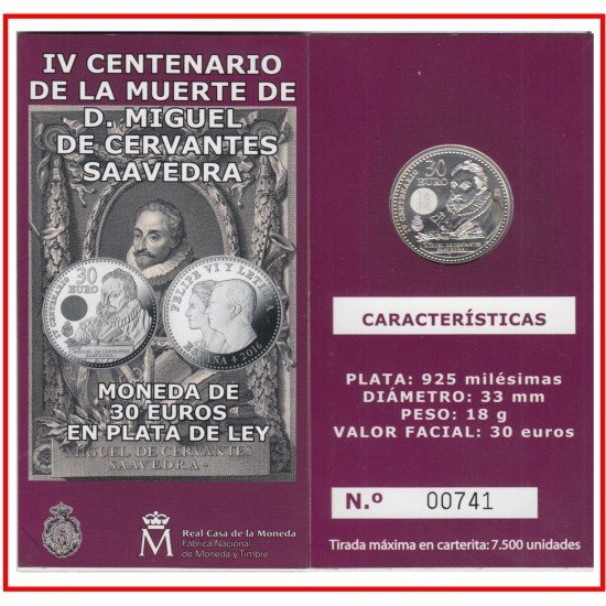 España Spain 2016 Cartera Oficial Moneda 30 euros € Miguel de Cervantes España Spain 2016 Cartera Oficial Moneda 30 euros € Miguel de Cervantes
