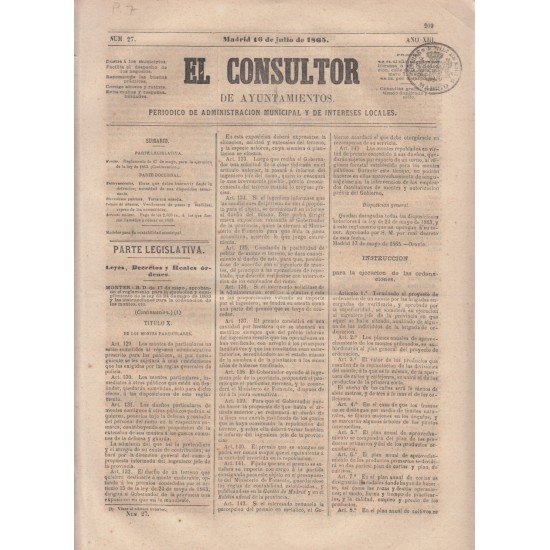 España Spain Timbres de Periódicos P.7 1865 El Consultor