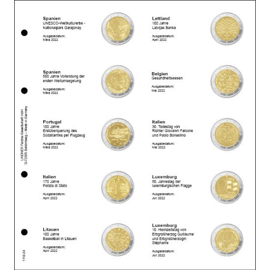 Lindner 1118-34 Hojas monedas conmemorativas 2 Euros España - Luxemb.  2022
