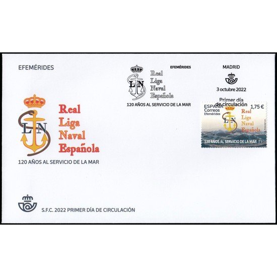 España Spain 5607 2022 Efemérides 120 años Real Liga Naval Española SPD Sobre Primer Día España Spain 5607 2022 Efemérides 120 años Real Liga Naval Española SPD Sobre Primer Día