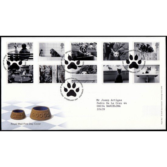 Gran Bretaña 2226/35 2001 SPD FDC Gatos y Perros Sobre primer día
