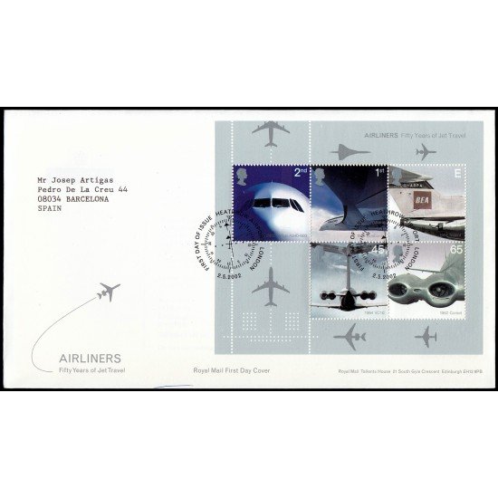 Gran Bretaña HB 16 2002 SPD FDC 50 Años Primera Línea Aérea Británica Sobre primer día