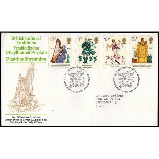Gran Bretaña 799/02 1976 SPD FDC 80 Años Primer Festival de Cultura Galesa Sobre primer día Gran Bretaña 799/02 1976 SPD FDC 80 Años Primer Festival de Cultura Galesa Sobre primer día