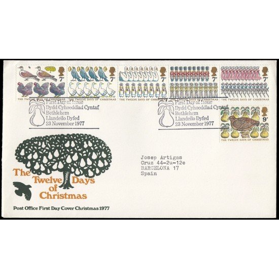 Gran Bretaña 840/45 1977 SPD FDC Doce días de Navidad Canciones Populares Sobre primer día Gran Bretaña 840/45 1977 SPD FDC Doce días de Navidad Canciones Populares Sobre primer día