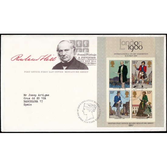 Gran Bretaña HB 2 1979 SPD FDC 100 Años Fallecimiento de Rowland Hill Sobre primer día Gran Bretaña HB 2 1979 SPD FDC 100 Años Fallecimiento de Rowland Hill Sobre primer día
