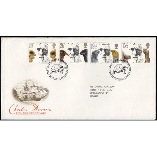 Gran Bretaña 1023/26 1982 SPD FDC 100 Años Fallecimiento Charles Darwin Sobre primer día