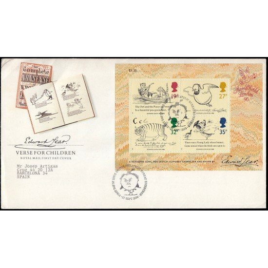 Gran Bretaña HB 4 1988 SPD FDC Centenario del Fallecimiento Edward Lear Sobre primer día