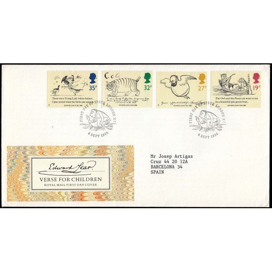 Gran Bretaña 1336/39 1988 SPD FDC Centenario del Fallecimiento Edward Lear Sobre primer día Gran Bretaña 1336/39 1988 SPD FDC Centenario del Fallecimiento Edward Lear Sobre primer día