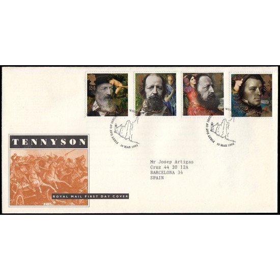 Gran Bretaña 1611/14 1992 SPD FDC Centenario del Fallecimiento de Lord Alfred Tennyson Sobre primer día