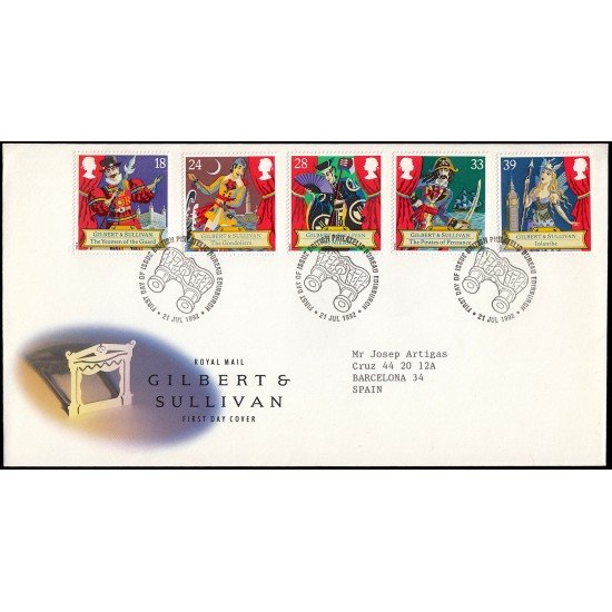 Gran Bretaña 1628/32 1992 SPD FDC 150 Años Nacimiento del Compositor Sir Arthur Sullivan Sobre primer día Gran Bretaña 1628/32 1992 SPD FDC 150 Años Nacimiento del Compositor Sir Arthur Sullivan Sobre primer día