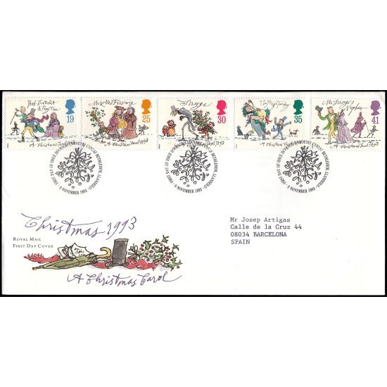 Gran Bretaña 1704/08 1993 SPD FDC Navidad Canción de Navidad Charles Dickens Sobre primer día