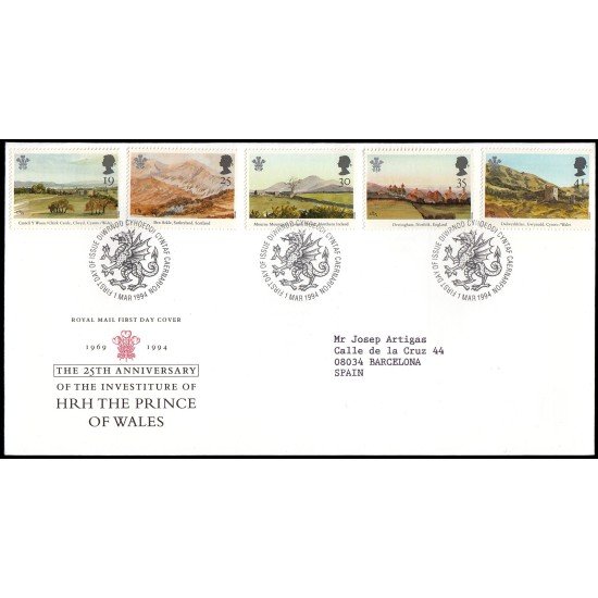 Gran Bretaña 1748/52 1994 SPD FDC 25 Años Investidura S.A.R. Príncipe de Gales Sobre primer día