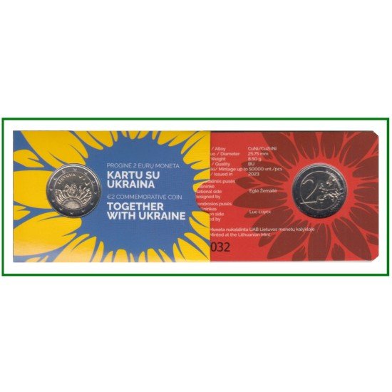 Lituania 2023 Cartera Oficial Coin Card Moneda 2 € conm Juntos con Ucrania 
