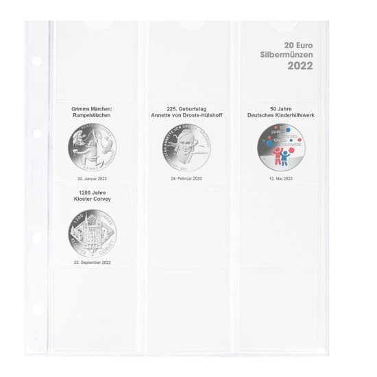 Lindner 1520-22 Hoja pre-impresa karat para monedas de plata de 20 euros Alemania 2022 Lindner 1520-22 Hoja pre-impresa karat para monedas de plata de 20 euros Alemania 2022