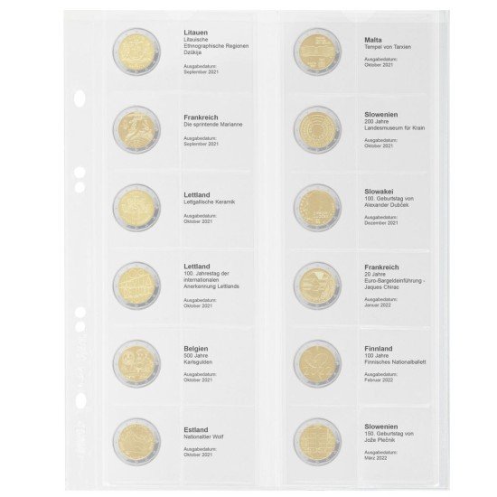 Lindner MU2E28 Hoja impresa Multi Collect para monedas de 2 € conmemorativos: Lituania 2021 - Elovenia 2022