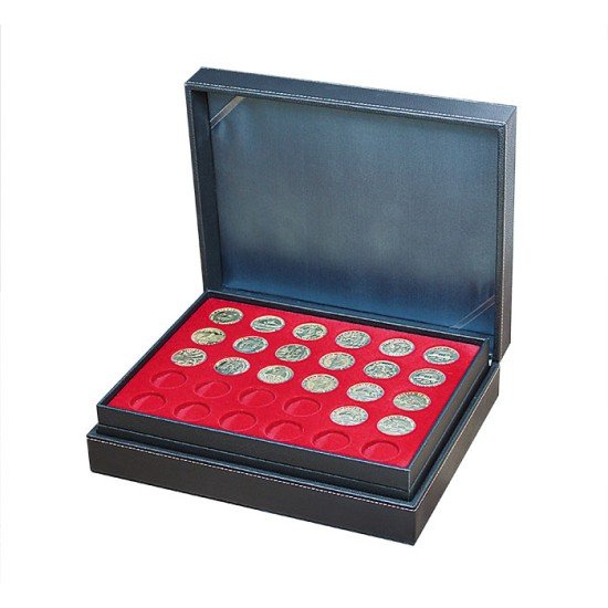 Lindner 2365-2150E Estuche para monedas NERA XL con 3 tableros y plantillas para monedas en color rojo claro para 90 monedas con un diámetro de 34 mm Lindner 2365-2150E Estuche para monedas NERA XL con 3 tableros y plantillas para monedas en color rojo claro para 90 monedas con un diámetro de 34 mm