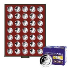 Lindner 2625-10EK Bandeja para monedas SMOKED GLASS por 35 piezas de monedas de coleccionista alemanas encapsuladas de 10 piezas con anillo de polímero Lindner 2625-10EK Bandeja para monedas SMOKED GLASS por 35 piezas de monedas de coleccionista alemanas encapsuladas de 10 piezas con anillo de polímero