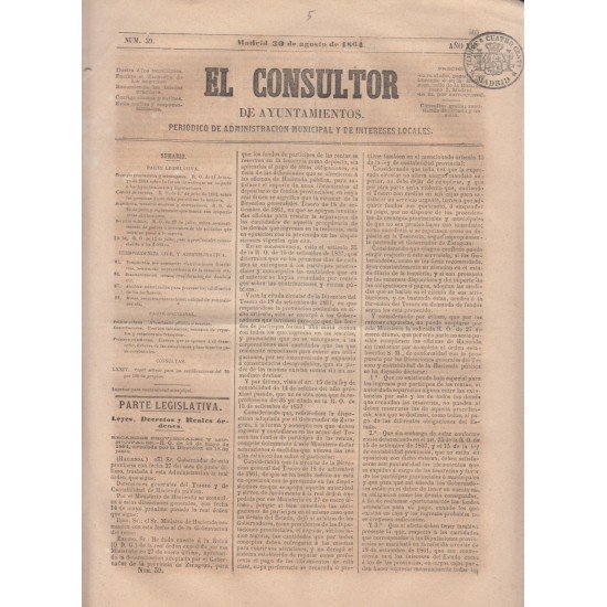 España Spain Timbres de Periódicos P.5 1864 El Consultor