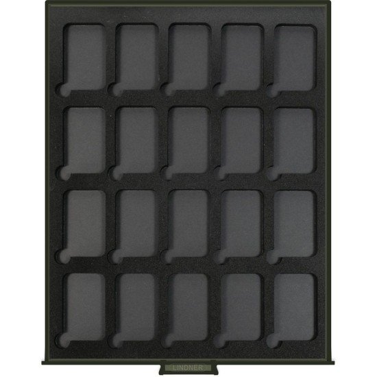 Lindner S2933-4 Caja de moneda terciopelo NEGRO VIDRIO DE HUMO para 20 cápsulas de monedas rectangulares S22552747P 