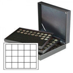 Lindner 2365-2120CE Estuche para monedas NERA XL con 3 tableros y plantillas para monedas en color negro con 60 casilleros cuadrados para monedas/cápsulas de hasta 47 mm Lindner 2365-2120CE Estuche para monedas NERA XL con 3 tableros y plantillas para monedas en color negro con 60 casilleros cuadrados para monedas/cápsulas de hasta 47 mm