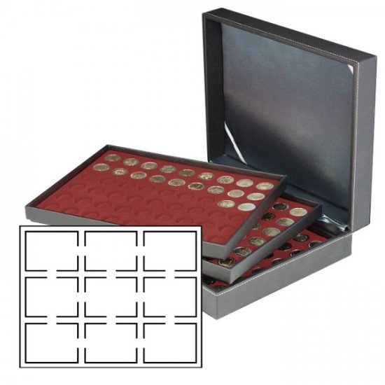 Lindner 2365-2619E Estuche para monedas NERA XL con 3 tableros y plantillas para monedas en color rojo oscuro para 27 cápsulas para monedas US (Slabs) de hasta 63 x 85 mm Lindner 2365-2619E Estuche para monedas NERA XL con 3 tableros y plantillas para monedas en color rojo oscuro para 27 cápsulas para monedas US (Slabs) de hasta 63 x 85 mm