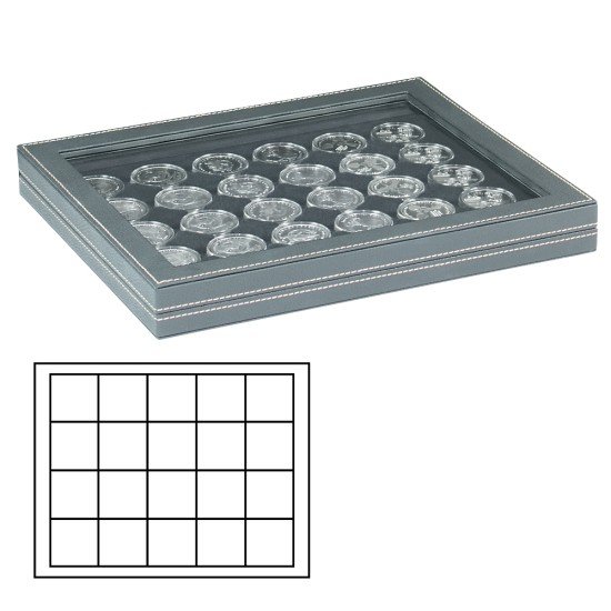 Lindner 2367-2120CE Estuche para monedas NERA M PLUS con plantilla para monedas en color negro con 20 casilleros cuadrados para monedas/cápsulas de hasta 47 mm