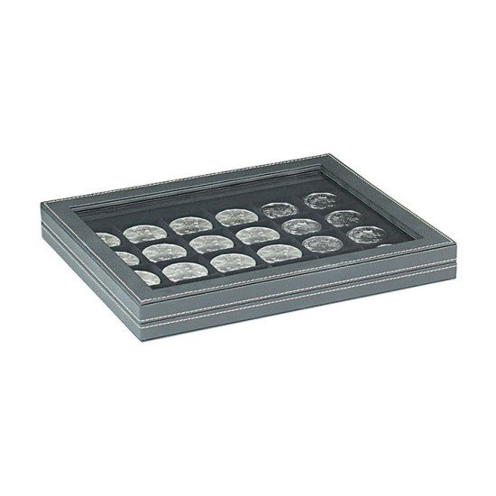 Lindner 2367-2124CE Estuche para monedas NERA M PLUS con plantilla para monedas en color negro con 24 casilleros cuadrados para monedas/cápsulas hasta 42 mm 