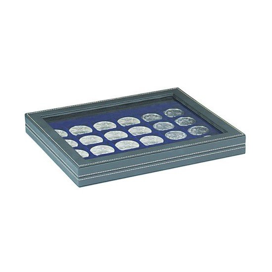 Lindner 2367-2124ME Estuche para monedas NERA M PLUS con plantilla para monedas en color azul oscuro con 24 casilleros cuadrados para monedas/cápsulas hasta 42 mm 