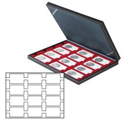Lindner 2364-2170E Estuche para monedas NERA M con plantilla para monedas en color rojo claro con 12 casilleros rectangulares para marquitos para monedas 