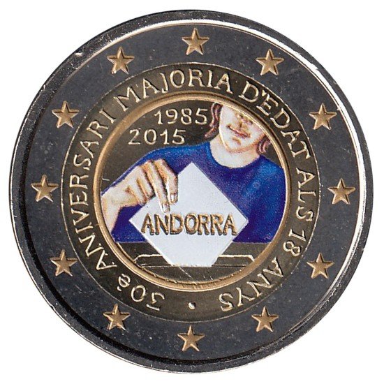 Andorra  2015 2€ euros conmemorativos  Color 30 Aniversari majoria d edat als 18 anys
