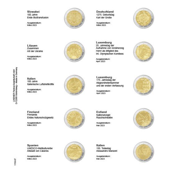 Lindner 1118-37 Hoja impresa para moneda conmemorativa de 2 Euros: Eslovaquia 2023 - Italia 2023