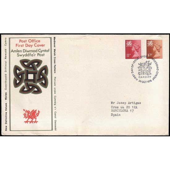 Gran Bretaña 807/12 (de la serie) 1976 SPD FDC Serie Reina Isabel II Gales Sobre primer día Cardiff Gran Bretaña 807/12 (de la serie) 1976 SPD FDC Serie Reina Isabel II Gales Sobre primer día Cardiff