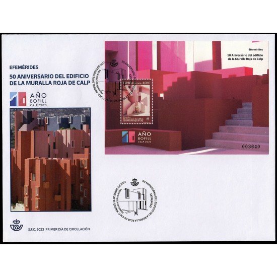 España Spain 5629 2023 Hojita Efemérides 50 aniv. del edificio de la Muralla Roja de Calp SPD Sobre Primer Día