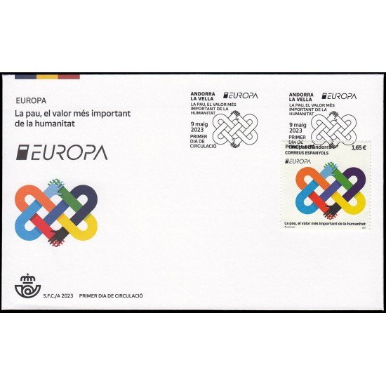 Andorra Española 542 2023 Europa La paz el mayor valor de la humanidad SPD Sobre Primer Día Andorra Española 542 2023 Europa La paz el mayor valor de la humanidad SPD Sobre Primer Día