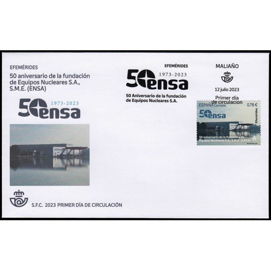 España Spain 5677 2023 Efemérides 50 aniv. de la fundación de Equipos Nucleares SA S.M.E. (ENSA) SPD Sobre Primer Día España Spain 5677 2023 Efemérides 50 aniv. de la fundación de Equipos Nucleares SA S.M.E. (ENSA) SPD Sobre Primer Día