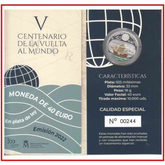 España Spain 2022 Cartera Oficial Moneda 40 euros € Plata Color Vuelta al Mundo España Spain 2022 Cartera Oficial Moneda 40 euros € Plata Color Vuelta al Mundo