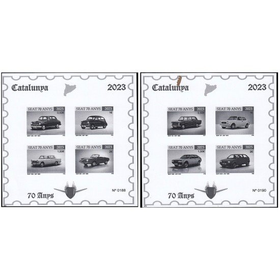 Catalunya Catalonia 2023 hojitas de pruebas filatélicas en en blanco y negro 70 años Seat Catalunya Catalonia 2023 hojitas de pruebas filatélicas en en blanco y negro 70 años Seat