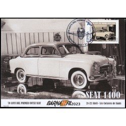 España 2023 Tarjeta 70 Anys del primer cotxe SEAT 1400 matasello especial