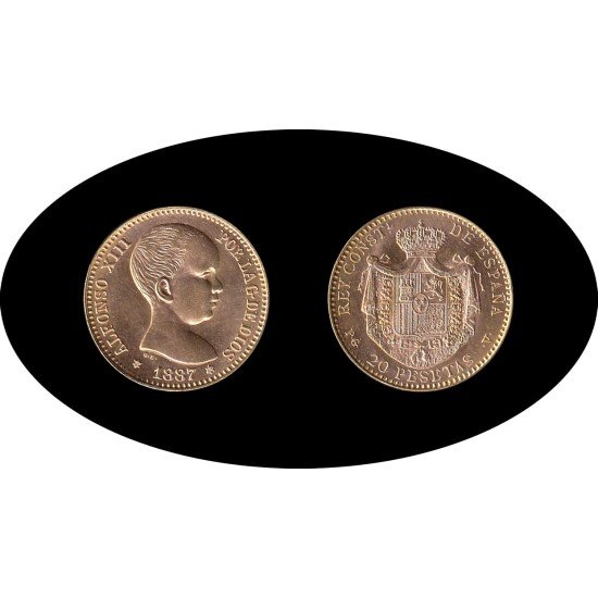 España Spain Alfonso XIII 20 ptas 1887 *62 Reacuñación Tirada : 12000Oro Au gold España Spain Alfonso XIII 20 ptas 1887 *62 Reacuñación Tirada : 12000Oro Au gold