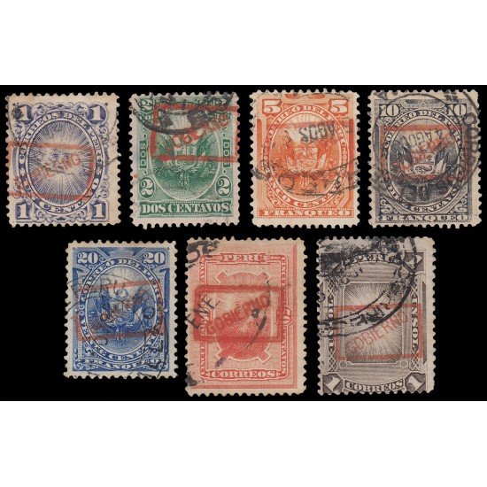 Perú Servicio Oficial 1/7 1889 Sellos de 1884/86 con sobrecarga Gobierno en rojo Usados Perú Servicio Oficial 1/7 1889 Sellos de 1884/86 con sobrecarga Gobierno en rojo Usados