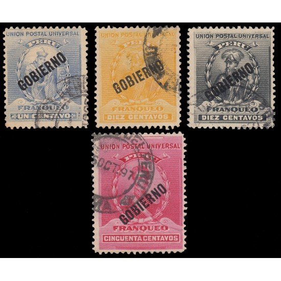 Perú Servicio Oficial 20/23 1886-1902 Sellos de 1896-99 con sobrecarga Gobierno en rojo Usados Perú Servicio Oficial 20/23 1886-1902 Sellos de 1896-99 con sobrecarga Gobierno en rojo Usados