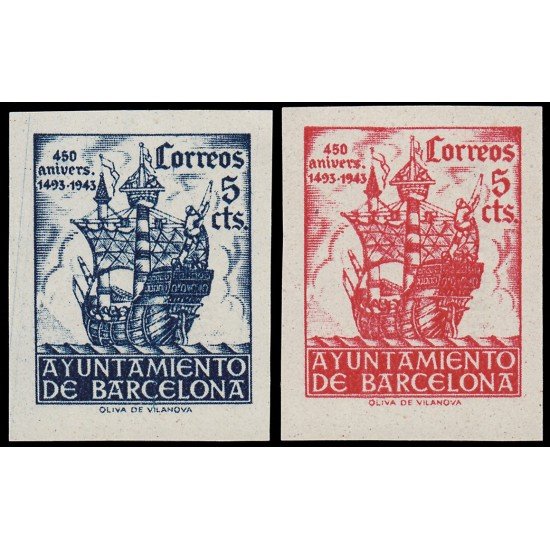 Barcelona 49/50 1943 450 Aniv. de la llegada de Colón a Barcelona Sin dentar Sin goma